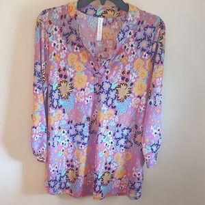 Pink Floral V-Neck Tunic with Roll-Tab Sleeves